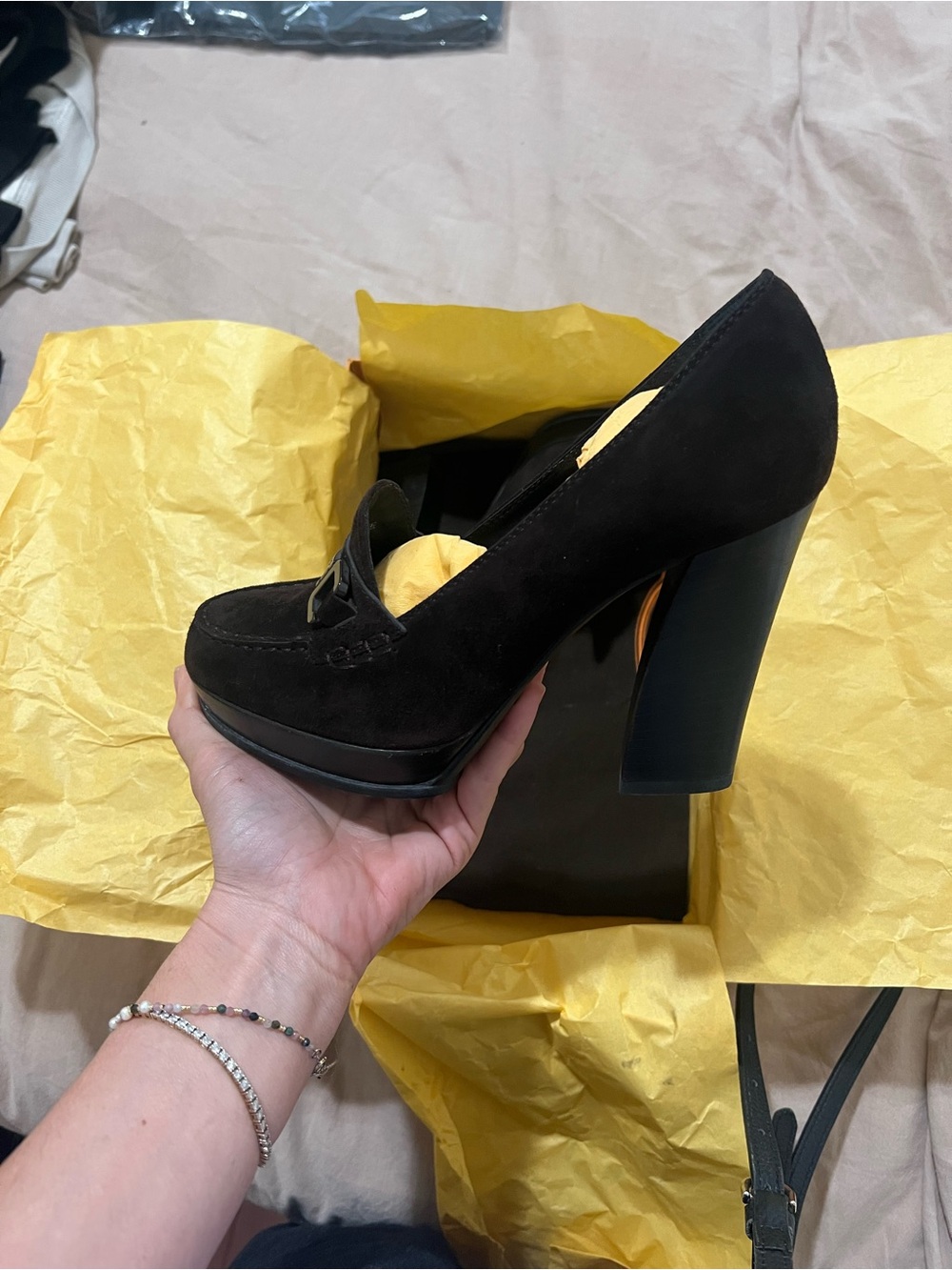 Tod's Black Suede High Block Heel Loafers